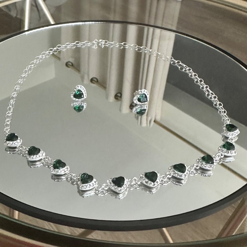 Sterling Silver 925 Choker Heart Green Zircons Stunning Set & Earrings